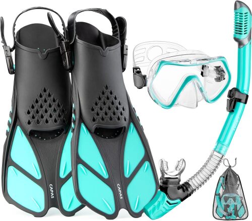 CAPAS Snorkel Mask Fins Set, Travel Size Snorkeling Gear for Adults with Short Fins, Scuba Diving Mask and Dry Top Snorkel