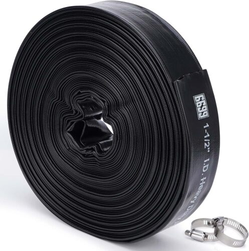 Discharge Hose 1-1/2-Inch by 100-Foot Sump Pump With 2pcs SUS 304 Clamps for Pool Backwash, Draining/Removing Water - Lay Flat 1500