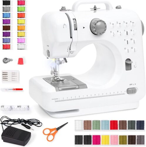 Compact Sewing Machine, 42-Piece Beginners Kit, Multifunctional Portable 6V for Beginner w/ 12 Stitch Patterns, Light, Foot Pedal, Storage Drawer