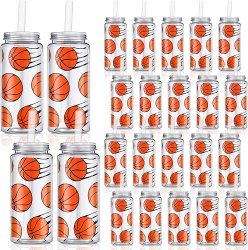 Case of Basketball Plastic Cups with Lid and Straw Clear Reusable Cups with Lids and Straws Tumbler for Birthday Sports Themed Party Supplies