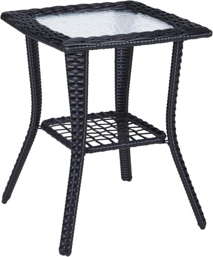 VINGLI Outdoor Side Table with Storage Wicker Patio Side Table, Tempered Glass Top End Table for Balcony Porch Deck (Black)