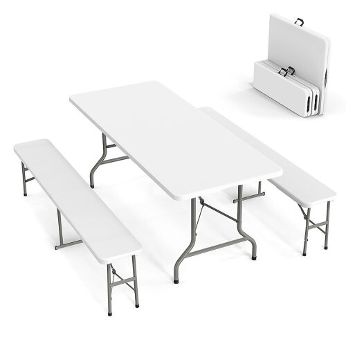 VINGLI 3 Piece White Folding Picnic Table Set with 2 Pack Benches 1 Pack 6-feet Camping Table for Indoor or Outdoor Use **Missing One Bench**