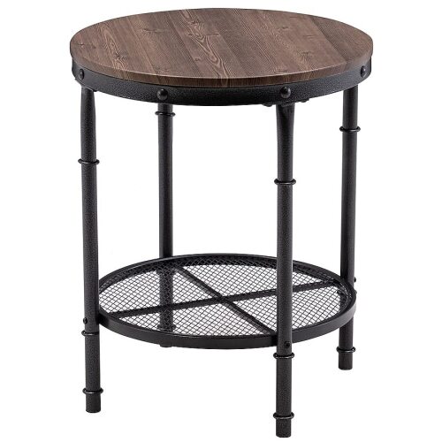 Bonnlo 20W x 24H Industrial Round End Table Metal and Wooden Table for Couch and Living Room
