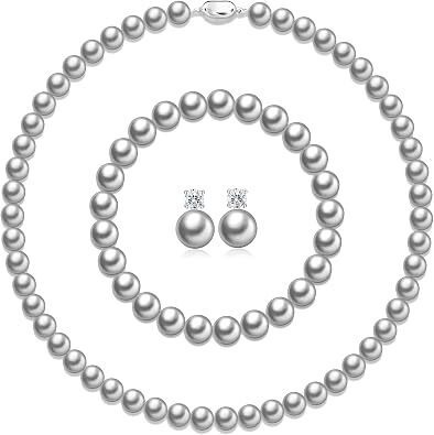 Pearl Necklaces for Women,8mm Pearl Necklace and Earring Bracelet Jewelry Set