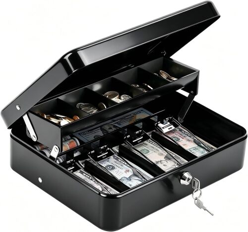 KYODOLED Cash Box with Money Tray and Lock, 1mm Steel Cash Drawer, 11.8" | Portable Cold-rolled Steel Money Box, Windproof Bill clips & Auto-Pop Coin Tray for Small businesses, Key Lock, Black