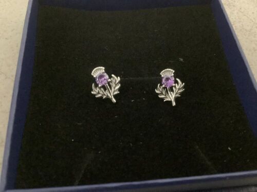 Alexander Castle 925 Sterling Silver Scottish Thistle Amethyst Earrings