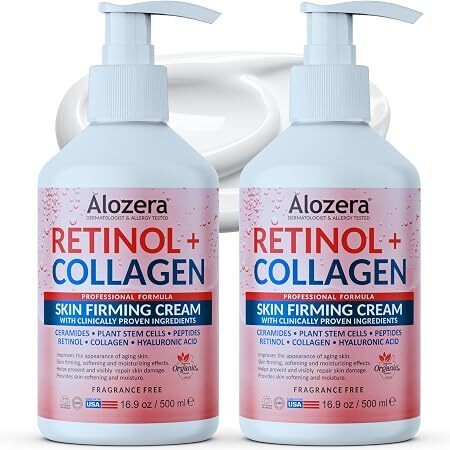 Alozera Firming Body Lotion with Retinol & Collagen, Anti-Aging Body Moisturizer Cream for Crepey Skin, Improves Skin Elasticity, Lightweight & Fast Absorbing, No Added Fragrance, 16.9 Ounce (2-Pack)