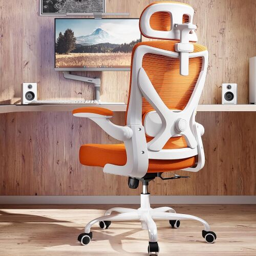 Ergonomic Office Chair: Mesh Desk Chair Comfy with Headrest& Lumbar Support | Ergalithic Big and Tall Office Chairs with Wheels & Flip-Up Arms-Computer Gaming Chairs for Adults Home Office(Orange)