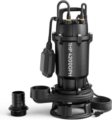 Aquastrong 1 HP Sewage Grinder Pump, 115V 4200 GPH Sewage/Effluent Pump | Sewage Pump 2 inch Discharge, Cast Iron Sump Pump Submersible with Auto Float Switch for Basement Sump Basin and Sewage Well