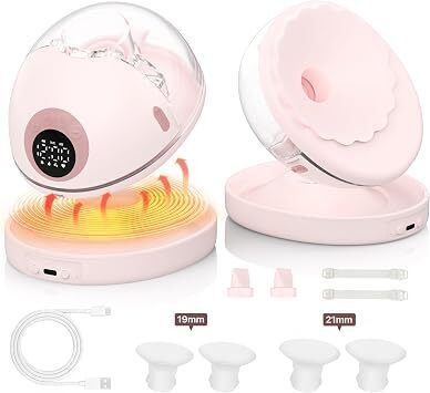 2 pack Hands Free Breast Pump, Wearable Nursing Pump, Baby Heater Dustproof Base, Auto Voice Prompt, 4 Modes & 12 Levels LED Display, Memory Function, 1 Pack, Pink