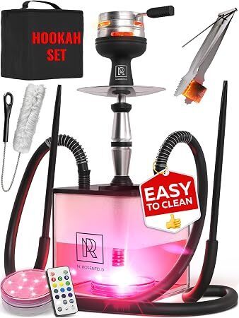 Black Hookah Set with Everything – 18" Hookah Set 2 Hose with LED Acrylic Base, Easy Setup, and Large Cloud Performance Hookah Machine - Premium Hookah 2 Hose for Home & Parties