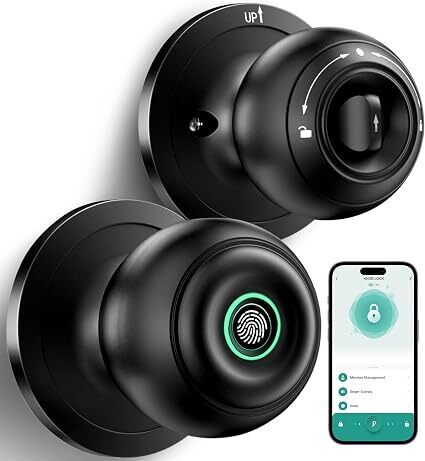 Fingerprint Door Lock, Smart Fingerprint Door Knob with Lock, Matte Black | Digital Door Lock with App Control & Key, Keyless Biometric Entry Door Locks for Bedrooms, Front Door, Home, Apartment,Office