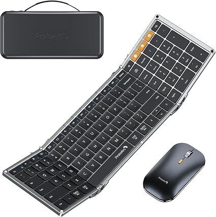 ProtoArc XKM01 Full-Size Foldable Keyboard Mouse Combo for Travel, Gray | 105-key keyboard, slim mouse, hard case and phone stand, 3-device Bluetooth & 2.4G switching, for travel office use
