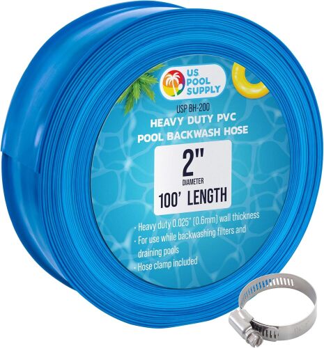 U.S. Pool Supply Pool Backwash Hose 2" x 100', Pool Pump Drain Hose Clamp | Filter Pump Water Drainage, Sump Pump Discharge, Inground Draining - Flexible Lay Flat, Clamp