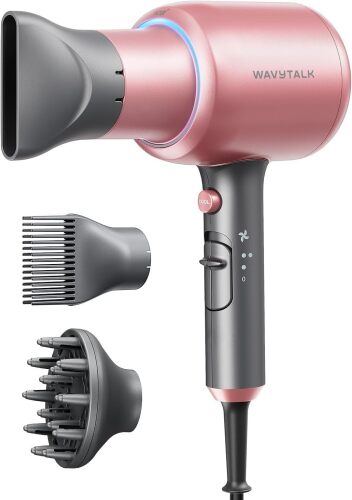 Wavytalk Blown Away Ionic Hair Dryer with Diffuser for Curly Hair | 1875W Fast Drying, 3 Attachments for All Hair Types, Ceramic Healthy Shine, Lightweight & Quiet (Rose Gold)