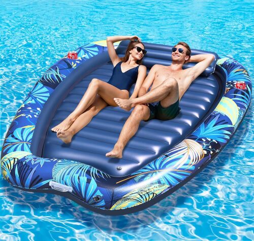 2 Person Thickened Inflatable Tanning Pool Lounger Float | 90 x 67 Inch Oversized Spacious, Sunbathing Pool with Built-in Cup Holders, Ideal for Pool, Backyard, Lake & Ocean