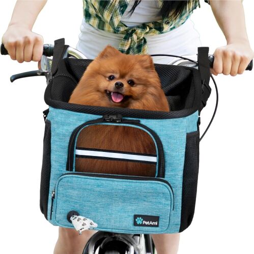 PetAmi Dog Bike Basket, Soft-Sided Ventilated Pet Carrier Backpack, Blue | For Small Medium Dog Puppy Cat Kitten, Pet Bicycle Basket for Bike Handlebar, Car Booster Seat with Safety Strap, Max 18 lbs