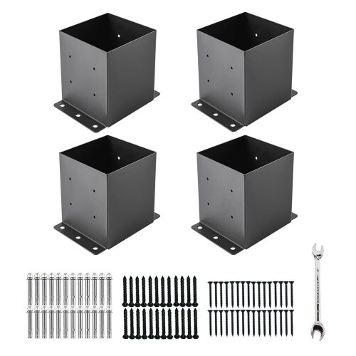 6x6 Post Base 4pcs,Post Brackets(Inner Size 5.6"x5.6") 2mm Thick | Black Powder-Coated Heavy Duty Steel Fence Post Anchor for Deck Porch Railing Fence Pergola Support