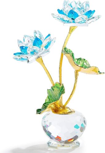 Qianwei Crystal Blue Lotus Flower with Stems - Glass Decor Lotus Flower with Vases Home Office Decoration - Crystal Gifts for Mom Girlfriend Sisters Boss on Birthday Mothers Day Valentines Day