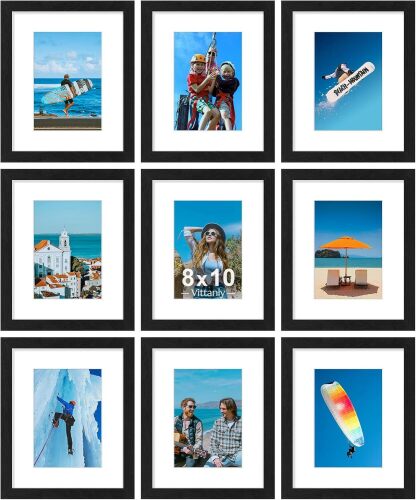 Vittanly 8x10 Picture Frames Set of 9 for Wall or Tabletop Display, Black | Display Pictures 5x7 with Mat or 8x10 without Mat, Small Photo Frames, Engineered Wood with Shatter Resistant Plexiglass