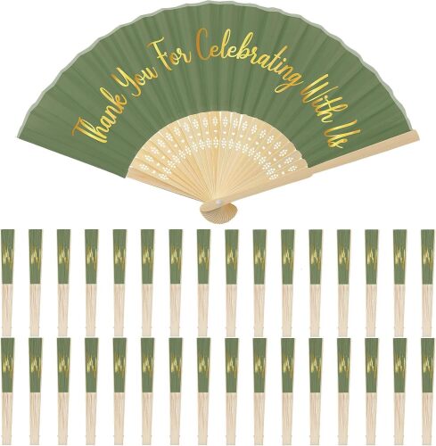 Jetec 50 Pcs Green Silk Hand Fans Bulk Wedding Fans for Guests Handheld Folded Thanks for Celebrating with Us Wedding Favors for Bridal Bridesmaid Baby Shower Dancing Party Church Gift