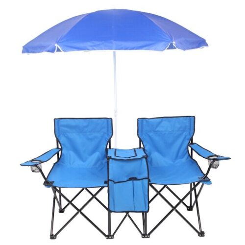 VINGLI All-in-One Folding Double Camping Chair with Adjustable Umbrella/Foldable Fishing Chairs with Cup Holder Storage and Cooler Bag Blue