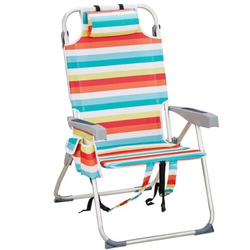 VINGLI 1 Pack 39H Portable Aluminum Backpack Beach Chair for Adults with Headrest and Side Pocket/Lay Flat Beach Chair with 5 Positions for Outdoor Lawn Rainbow