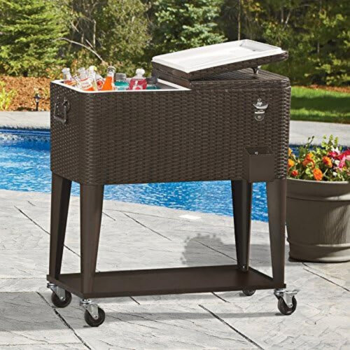 80-Quart Outdoor Rattan Rolling Cooler Cart with Wheels, Insulated Ice Chest for Patio, Poolside, or Party Bar – Brown Wicker Design with Side Bottle Opener and Storage Shelf