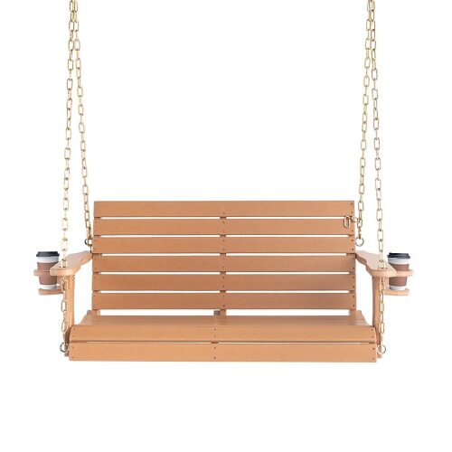 VINGLI 4 FT Heavy Duty 1600 LBS HDPE Porch Swing Outdoor with Rotatable Cup Holder and Adjustable Chains/2 Person Hanging Porch Swing Chair for Porch/Teak
