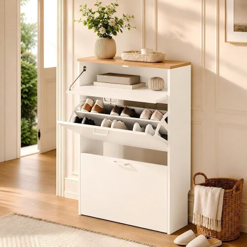 VINGLI Shoe Cabinet Storage for Entryway,White Small Narrow Shoe Rack,25" W | 8–12 Pairs,Skirting Board Cutout,Drop-Down Drawer,9.4"D Slim,Two-Tone Oak & White,2 Flip Drawers,Adjustable & Removable Shelf
