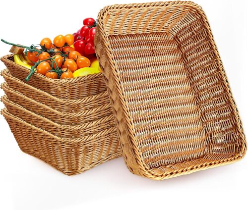 Eccliy 6 Pack Wicker Bread Baskets Woven Serving Basket, 19 Inch | Poly Wicker Storage for Gift, Rectangle Rattan Display Trays for Bread Food Vegetables Fruit Snacks Tabletop Restaurant Home