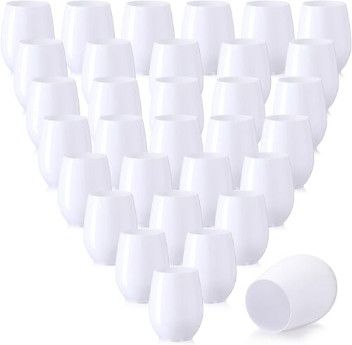 Layhit 32 Pcs White Stemless Wine Glasses Plastic Reusable Unbreakable Whiskey Champagne Drinking Glasses Cups for Wedding Anniversary Mother's Day Birthday Party(10 Oz)