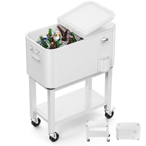 VINGLI 60QT Patio Cooler Rolling Ice Chest with Shelf/Portable Beverage Pool with Bottle Opener and Water Pipe for Party BBQ White