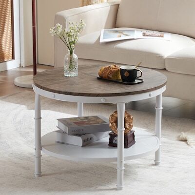 VINGLI 26-in Round Farmhouse Coffee Table with 2 Tiers White and Walnut Top