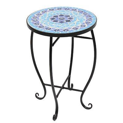 VINGLI 14W x 21H Mosaic Print Accent Table/Round Side Table with Metal Cobalt Glass