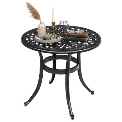 VINGLI 21-in H Cast Aluminum All Weather Round Patio Coffee Table with Umbrella Hole Black