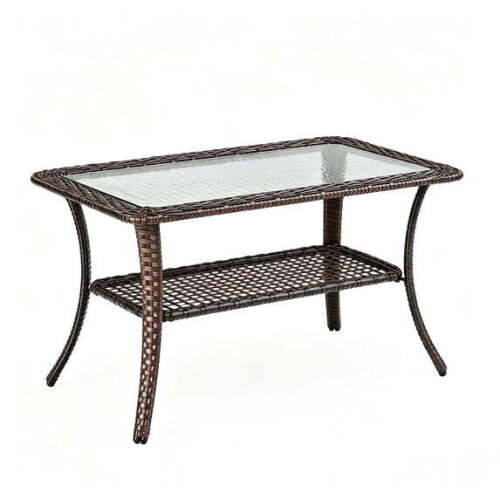 Outdoor Coffee Table with Storage Wicker Patio Coffee Table, Tempered Glass Top Coffee Table for Patio Outside Balcony Porch Deck
