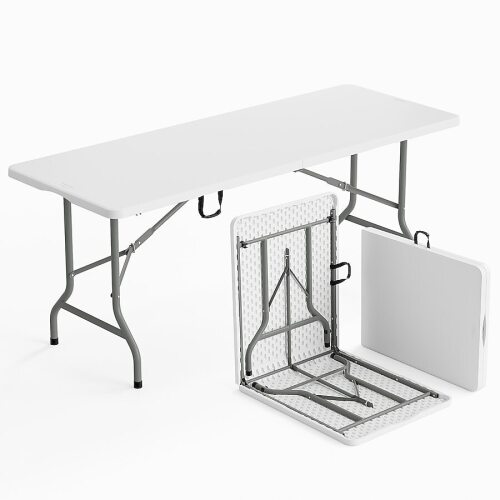 VINGLI 6FT White Plastic Collapsible Long Tables for Party Camping Banquet Craft Dining Wedding Outdoor and Indoor Use