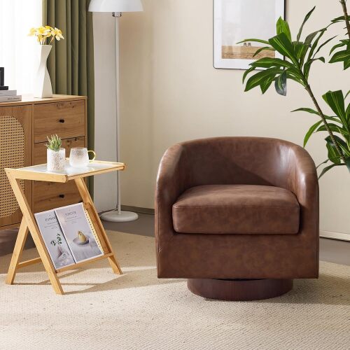 VINGLI 360°Swivel Accent Chair with Engineered Wood Base and Removable Cushion for Living Room, Bedroom, Curved Back Barrel Chair for Small Space, Upholstered Bucket Armchair, Pu-Brown