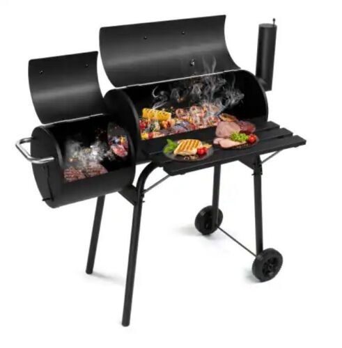 44in Portable Barrel Charcoal Grill, Offset Smoker with Side Table and Wheels for Outdoor Grilling, Backyard Cooking