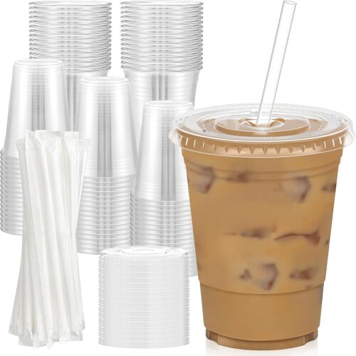 100 Pack - 16 oz Clear Plastic Cups with Lids and Straws | Sturdy & Food Safe Iced Coffee Cups with lids, Disposable Plastic Smoothie Cups for Cold Drinks