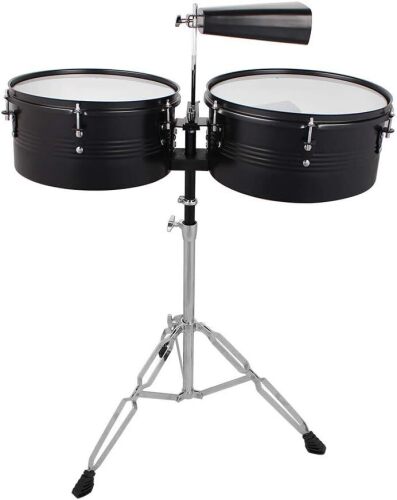 Glarry Latin Percussion 13" & 14" Timbales Drum Set with Stand and Cowbell Black Hot