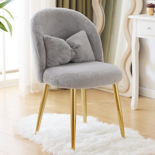VINGLI Fluffy Girls Vanity Chair with Back and Pillow/Comfy Makeup Chair with Ajustable Gold Legs Plush Grey