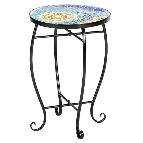VINGLI 14W x 21H Mosaic Print Accent Table/Round Side Table with Metal Cobalt Glass Top/End Table for Patio Porch Balcony Yellow Sun