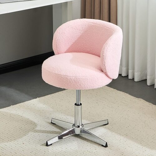 VINGLI Cute Small Swivel Desk Chair Teddy Fleece Ergonomic Low-Back Lumbar Support Vanity Nail Tech Computer Task Stool Pink