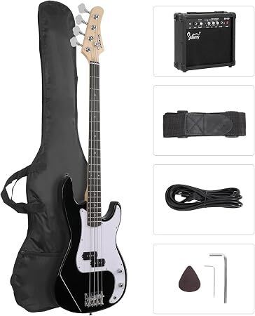 Full Size Electric Bass Guitar Beginner Kit 4 String Exquisite Basswood Bass with 20W AMP, Cable, Strap, Bag