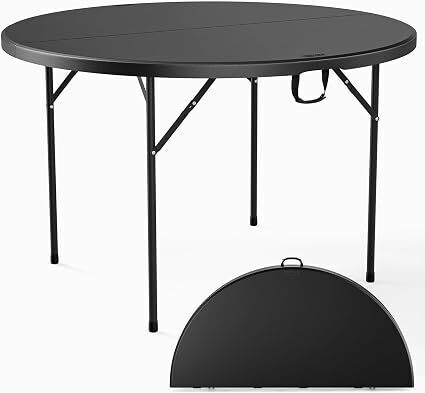 VINGLI Black 48" Round Bi-Folding Commercial Table, 4 Feet Portable Plastic Dining Card Table for Kitchen or Outdoor Party Wedding Event, 5-Pack