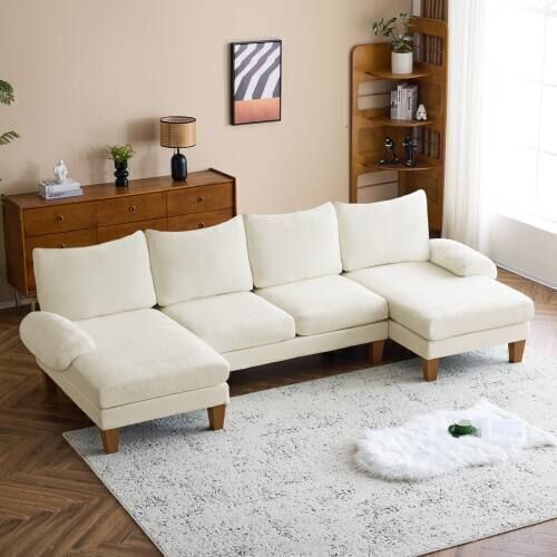 110" Sectional U-Shape 4 Seat Sofa, Chenille Upholstery, Wood Grain Legs, White