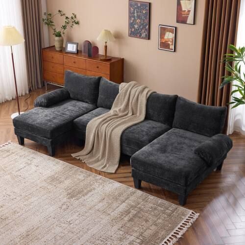 110" Sectional U-Shape 4 Seat Sofa, Chenille Upholstery, Wood Grain Legs, Black