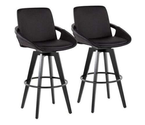 LumiSource Cosmo 41.75 in. H Black Faux Leather, Black Wood, and Black Metal Fixed-Height Bar Stool with Round Footrest (Set of 2)